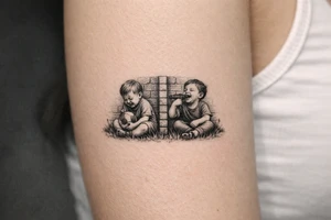Due bambini, in stile realistico, colorato, seduti sull'erba, divisi da un muro di mattoni, uno piange mentre gioca con la palla, l'altro ride mentre si spara in bocca tattoo idea