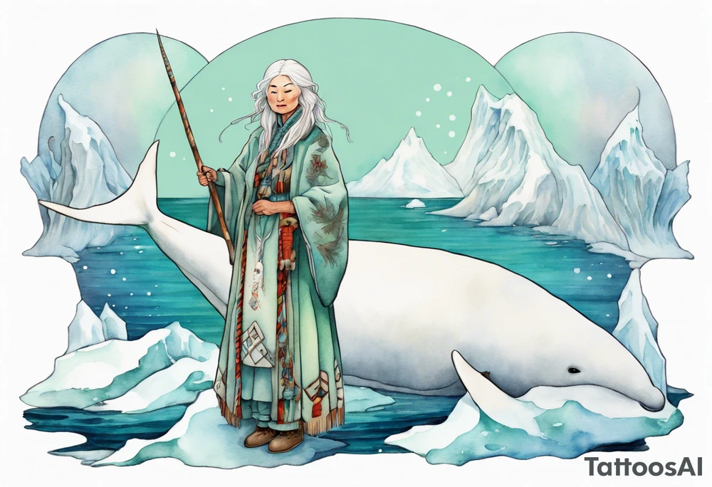 a 55-year-old Sami woman with white  hair wearing a white and mint cloak standing on an iceberg with one narwhal in the background tattoo idea