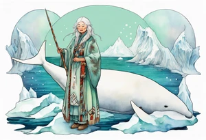 a 55-year-old Sami woman with white  hair wearing a white and mint cloak standing on an iceberg with one narwhal in the background tattoo idea