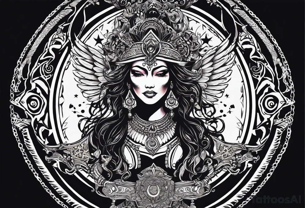 black kali, goddess pirate, alien, angel, pachamama, valkrye, warrior, flying, skull, lotus azul, wing, eagle, zenza resonance, stars, 5D, anahata chakra, death, durga, riding on a tiger, flying lady tattoo idea