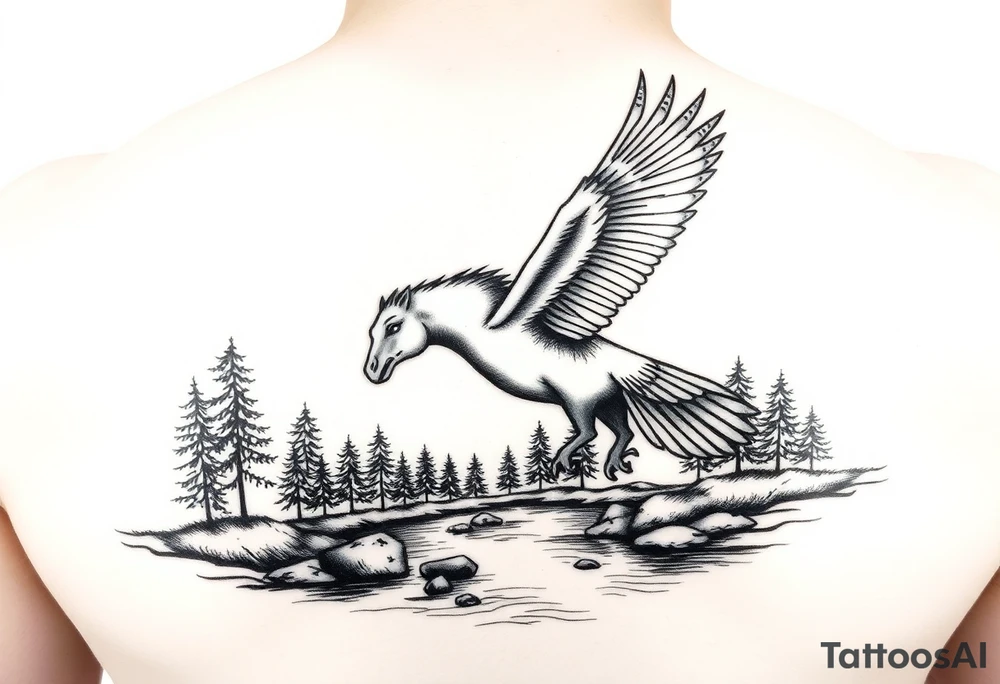 Eagle flying and a horse drinking from a river with some trees tattoo idea