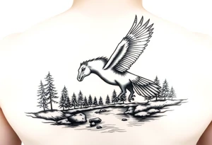 Eagle flying and a horse drinking from a river with some trees tattoo idea