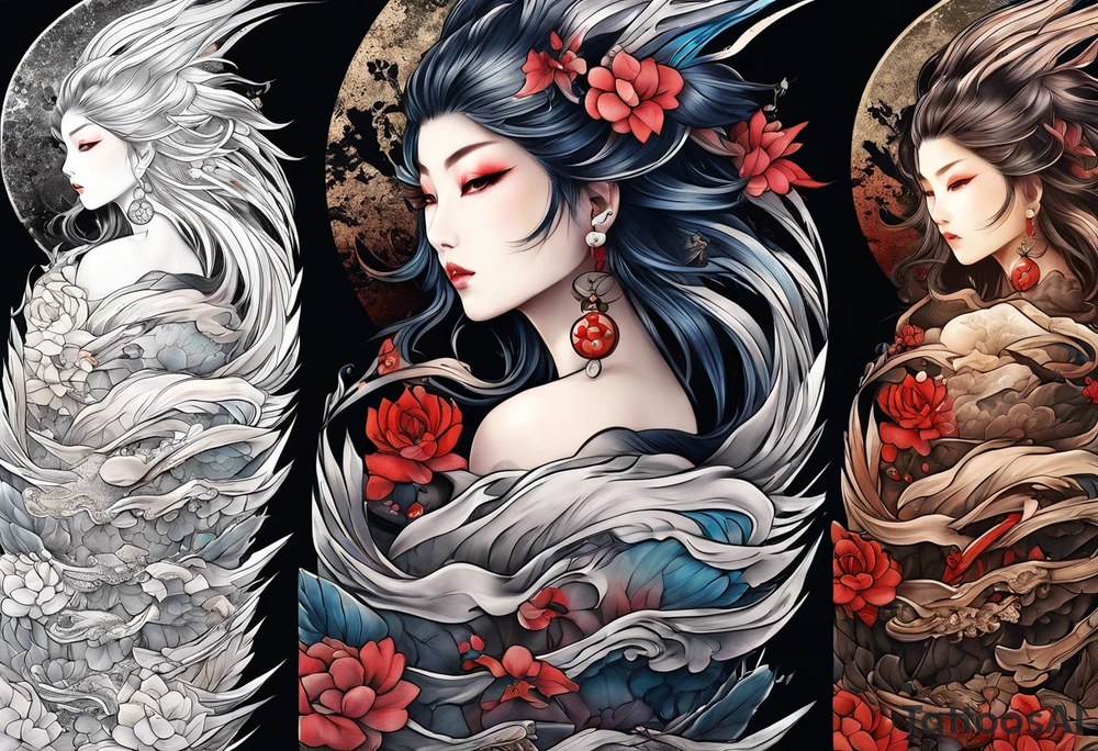 A sleeve of Izanami-no-mikoto half dead half living in the underworld tattoo idea