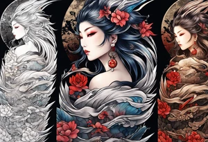 A sleeve of Izanami-no-mikoto half dead half living in the underworld tattoo idea