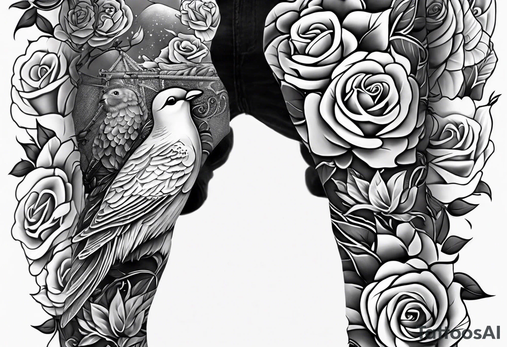 unique full leg sleeve with roses doves cross and patters tattoo idea