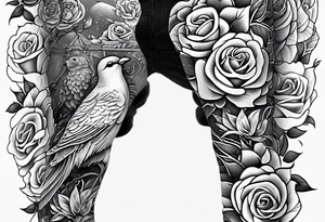 unique full leg sleeve with roses doves cross and patters tattoo idea