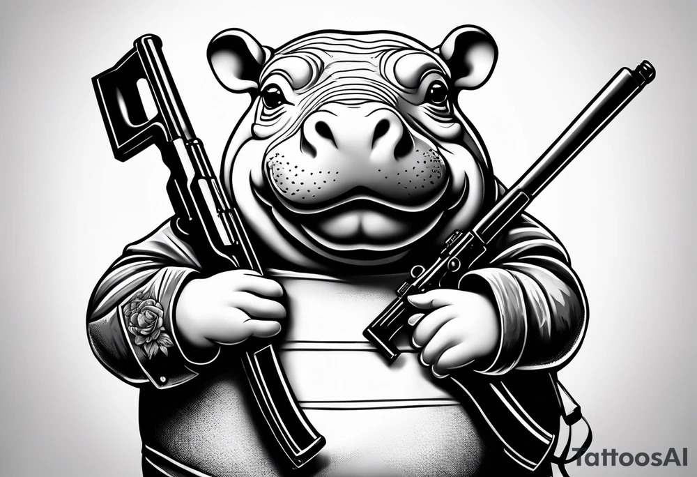 Baby hippo wearing overalls and holding a shotgun tattoo idea