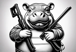 Baby hippo wearing overalls and holding a shotgun tattoo idea
