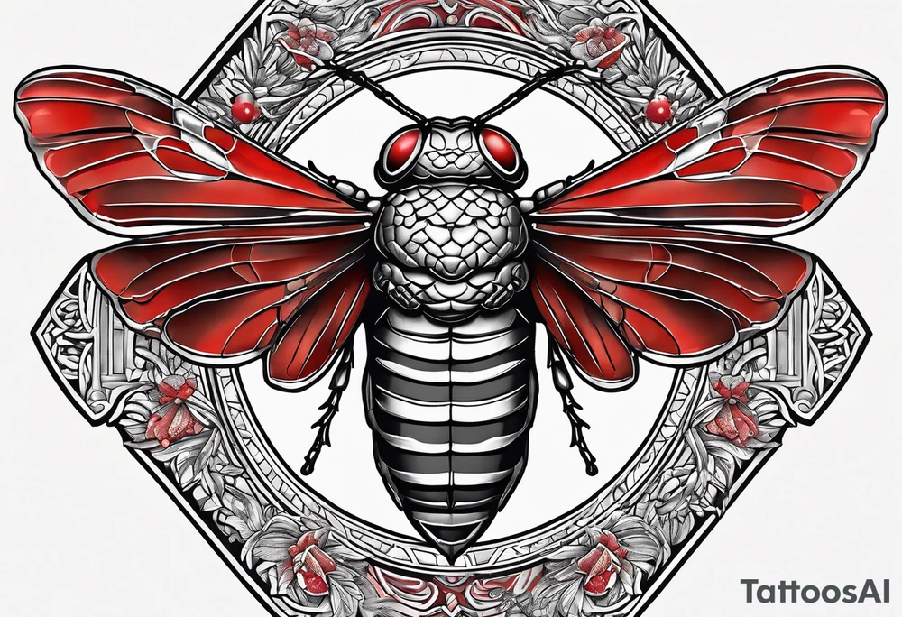 cicada on top of red greek design tattoo idea