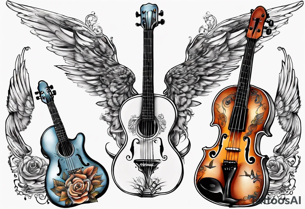 GUITAR LEANING AGAINST A VIOLIN WITH WINGS tattoo idea