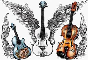 GUITAR LEANING AGAINST A VIOLIN WITH WINGS tattoo idea