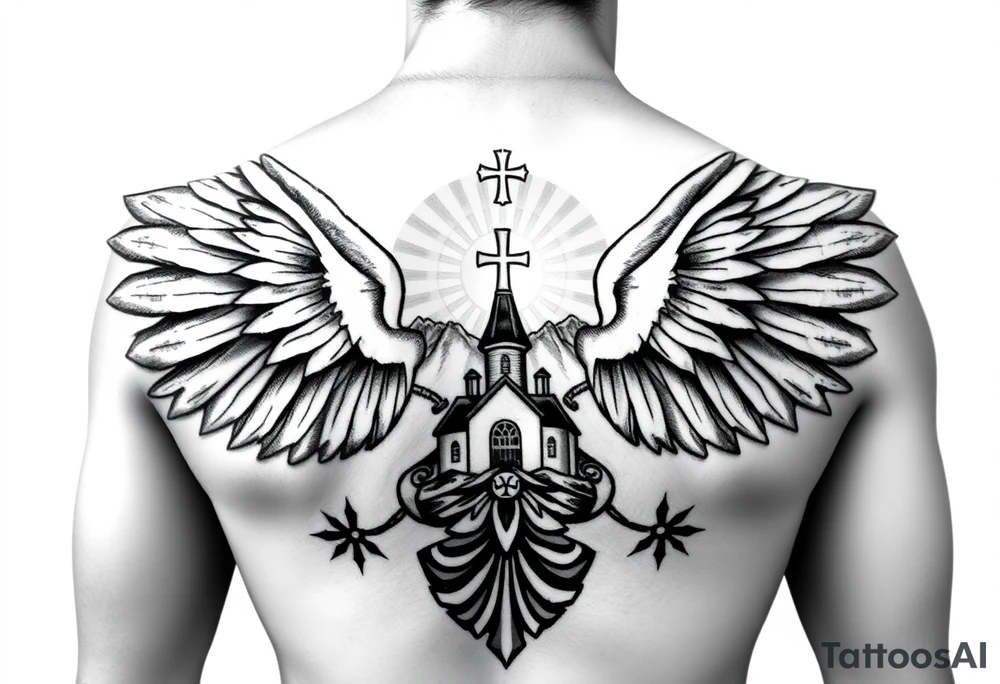 an actual russian coat of arms with both heads visible & wings spanning out on my back neck across on to my shoulders / traps with a orthodox christian church being visible in a mountainous sun beaming setting, with the russian orthodox cross spire of the orthodox church being visible on my neck with a sun beaming in the background that the cross sits inside tattoo idea