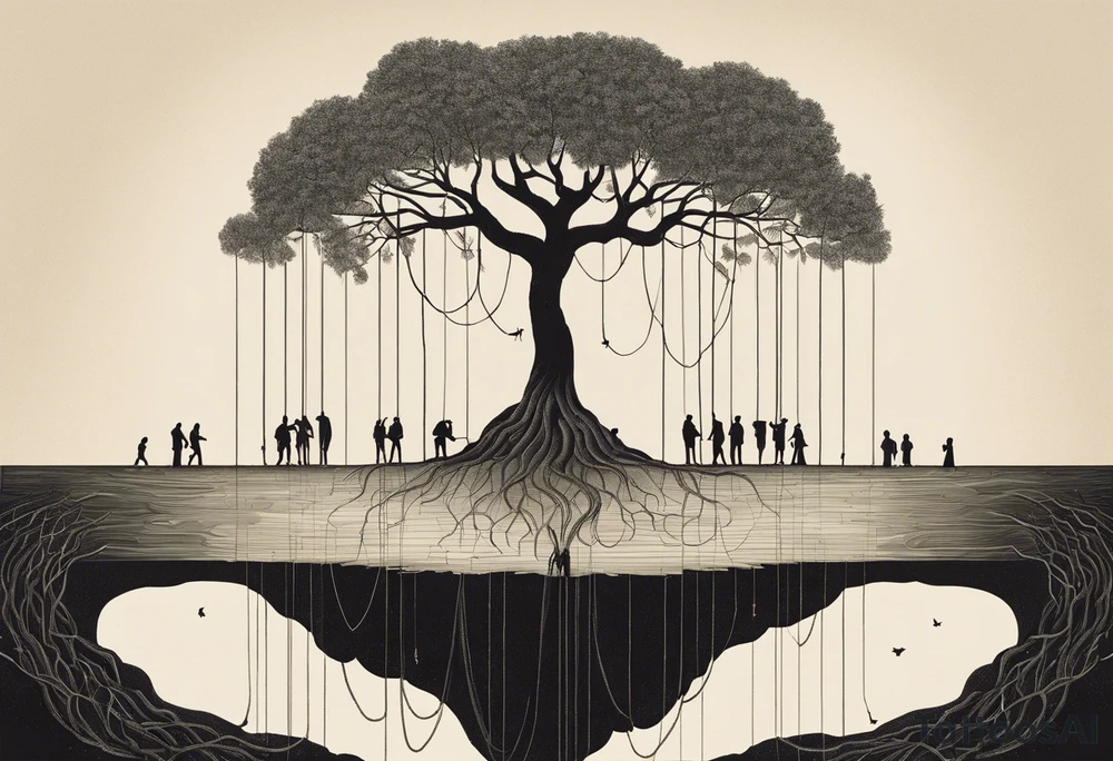 utopia picture of a tree at one level where above the surface is a group of people living in prosperity surrounding a tree. Below the surface the roots of the tree go down and turn into ropes and people are climbing these ropes to try and reach the above the surface. below the people climbing the ropes is hell, wih depicting of war slavery and death. going back to the top, above the tree is a perfection or heaven / nirvana. . include alchemical and occult symbols to depict this journey to enlightenment like religious or astrolligcal symblol. make it a full body tattoo stencil where the top of the tree would be at the chest and the ropes at the legs. tattoo idea