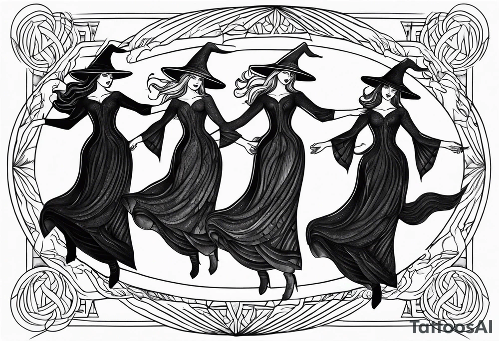 Blackwork tattoo about three witches dancing to the moon tattoo idea