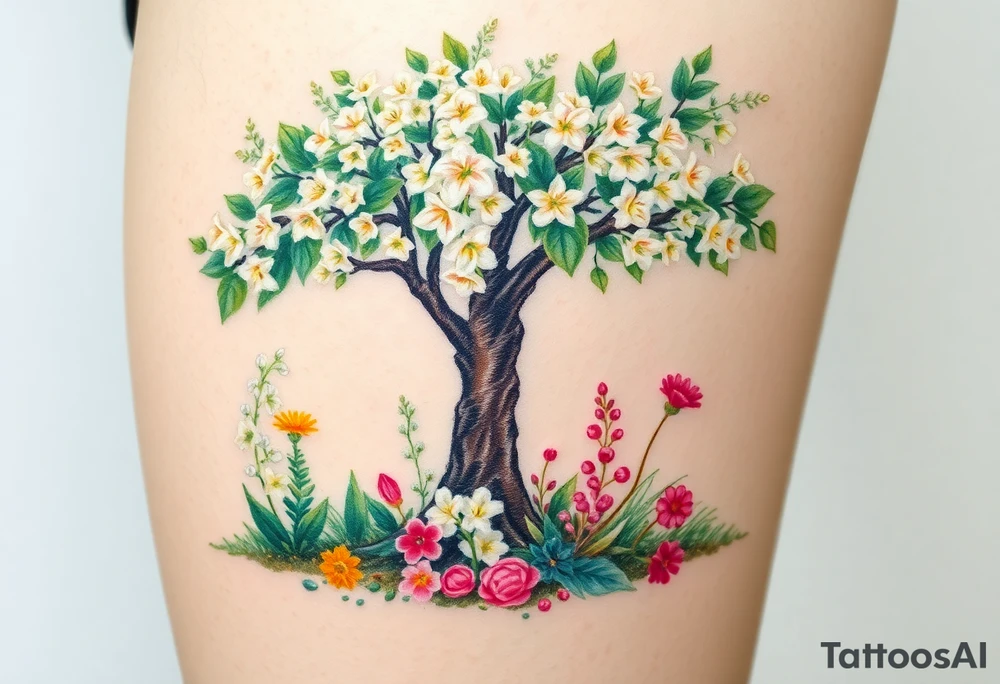 Lilly of the vally plants underneath a blooming hawthorn tree with other colorful plants on ground tattoo idea