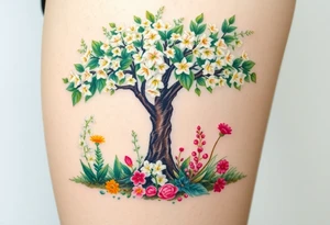 Lilly of the vally plants underneath a blooming hawthorn tree with other colorful plants on ground tattoo idea