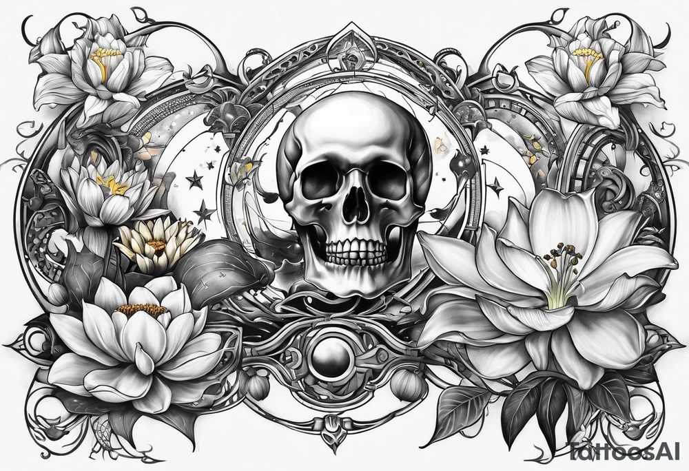 sleeve tattoo including science, skulls, roller coaster track, space and stars, water lily, daffodil, lily of the valley tattoo idea