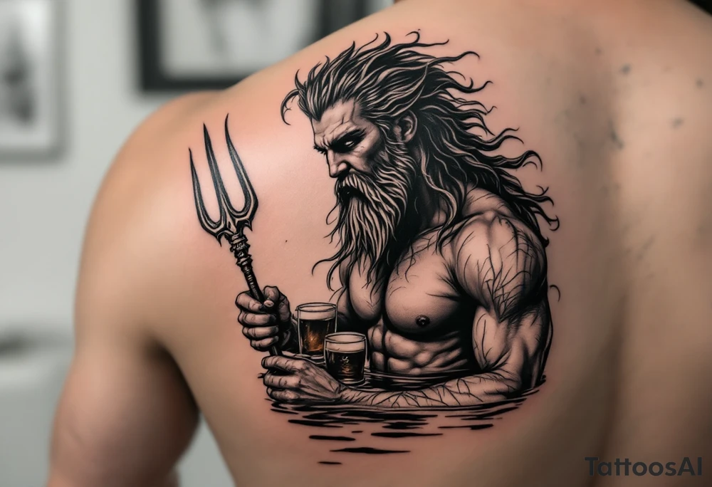 young, fit poseidon in calm water, holding a trident, holding a beer, with sunset tattoo idea