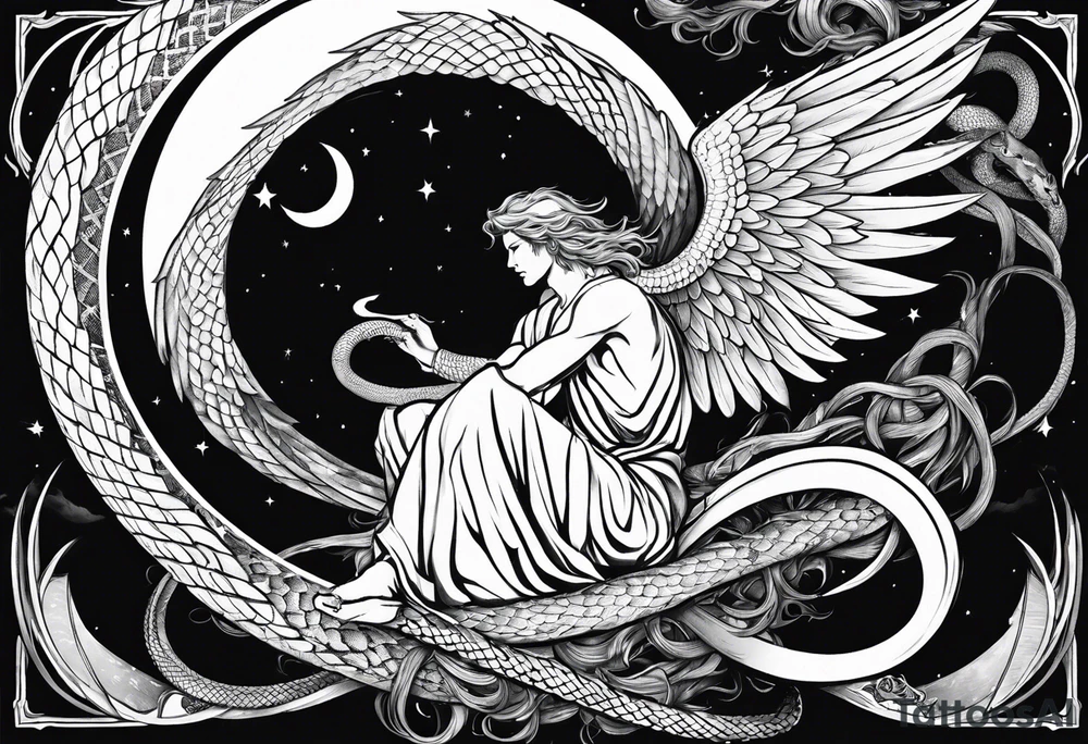 Lucifer (half male angel and half snake) wraps the moon in the sky tattoo idea