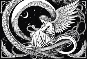 Lucifer (half male angel and half snake) wraps the moon in the sky tattoo idea