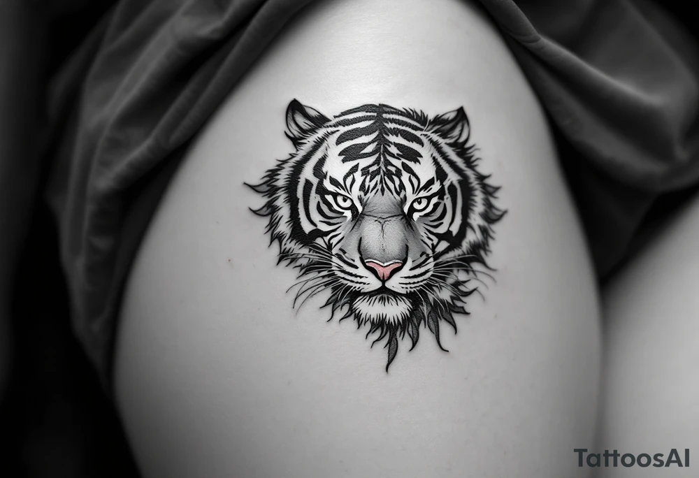 The character 爱 (ài, “love”) in deep red ink in dark gray pairs with a tiger to emphasize inner and outer power. tattoo idea