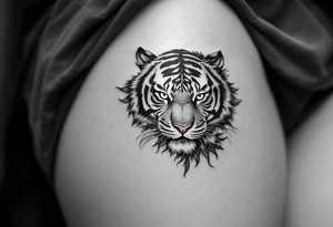 The character 爱 (ài, “love”) in deep red ink in dark gray pairs with a tiger to emphasize inner and outer power. tattoo idea