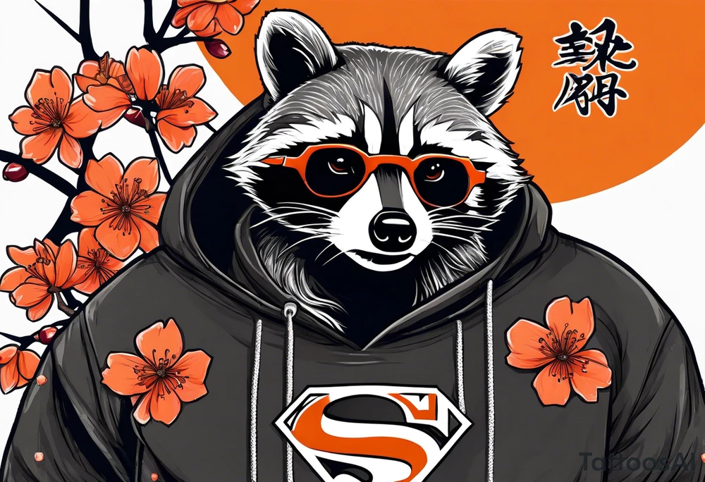 Raccoon wearing a white Superman logo on a black hoodie and orange Japanese cherry blossoms beside tattoo idea