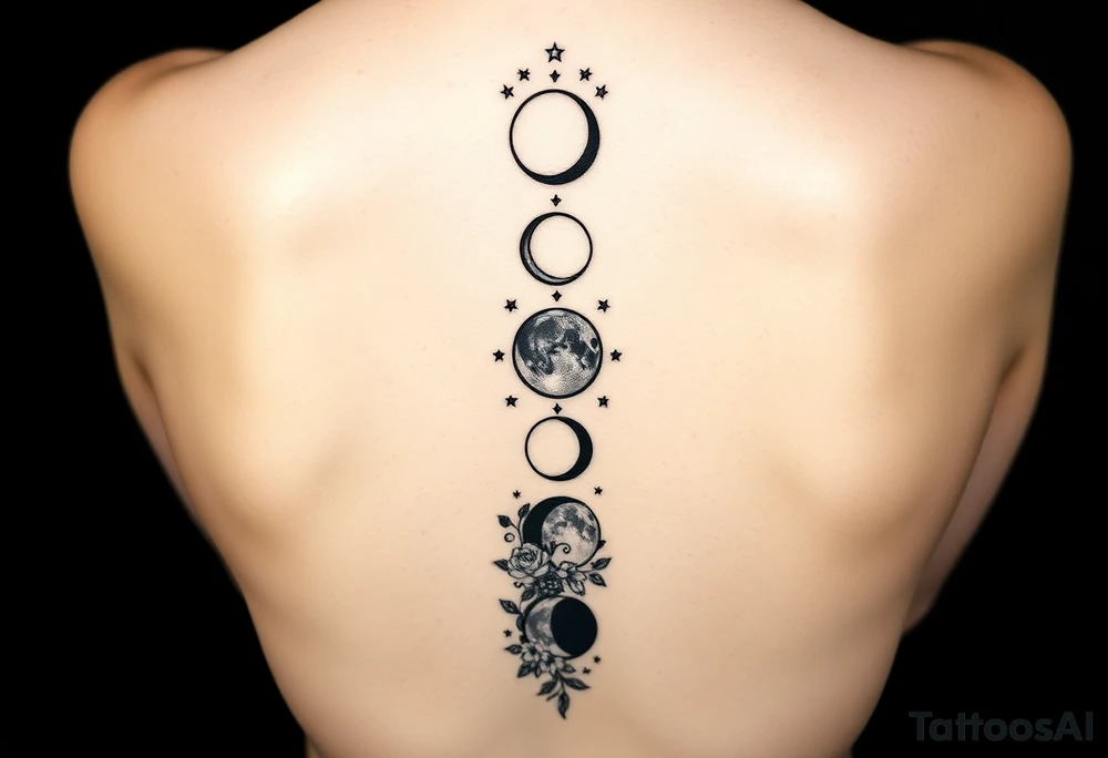 new moon, waxing crescent, first quarter, waxing gibbous, full moon, waning gibbous, last quarter, and waning crescent going down the spine vertically each represent different phases of the moon individually with flowers and vines and stars around it going up and down the sides tattoo idea