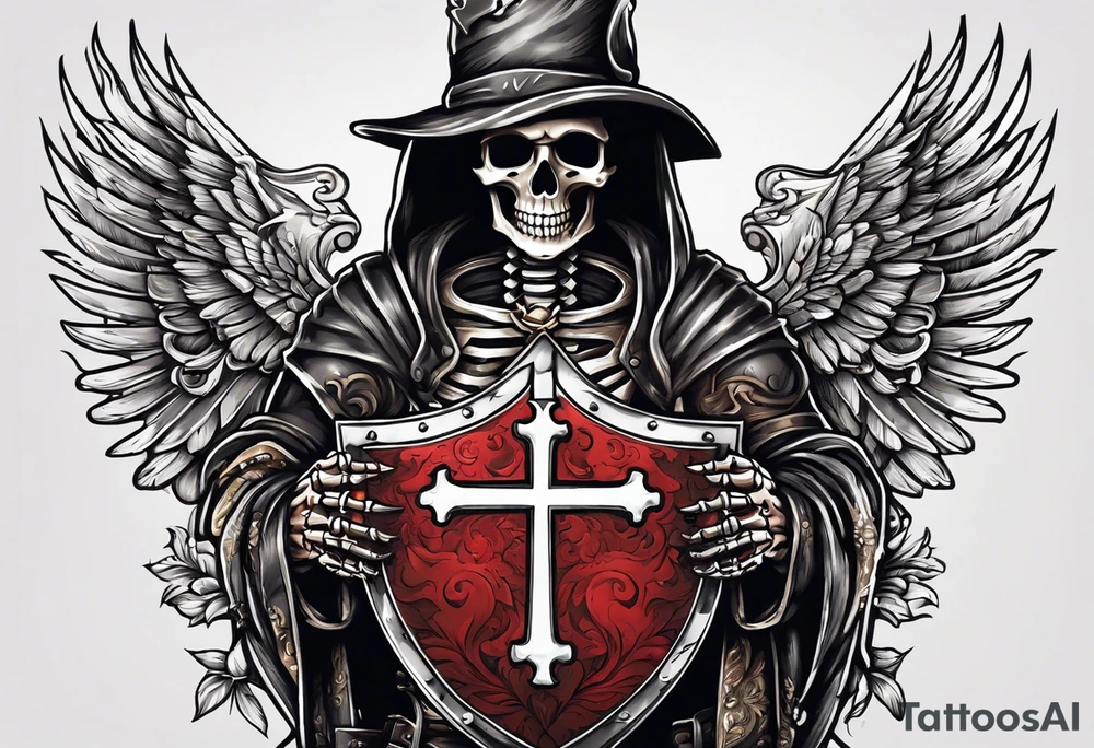 skeleton holding a shield with a cross on it tattoo idea