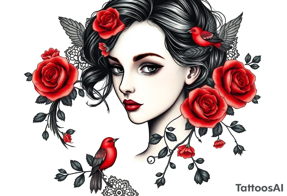 Vintage black lace, red roses, red birds, vintage, wrap around, tighter together, no space open tattoo idea