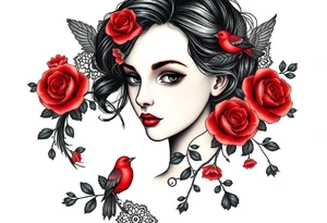 Vintage black lace, red roses, red birds, vintage, wrap around, tighter together, no space open tattoo idea