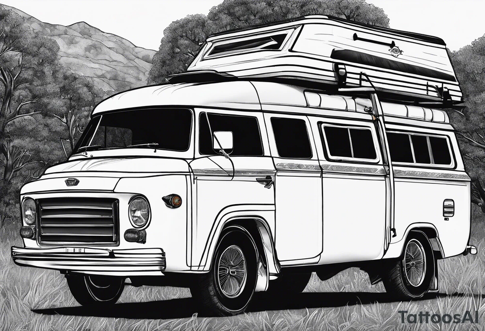 Car with a rooftent and add a citation in aboriginal Australian words in reference of the time. tattoo idea