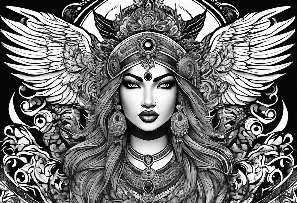 black kali, goddess pirate, alien, angel, pachamama, valkrye, warrior, flying, skull, lotus azul, wing, eagle, zenza resonance, stars, 5D, anahata chakra, death, durga, riding on a tiger, flying lady, kundalini, chest tatoo, rebel tattoo idea