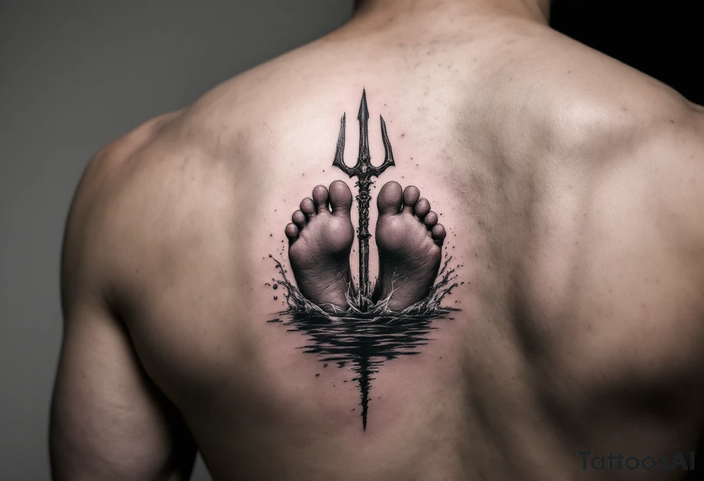 barefeet behind trident with water tattoo idea