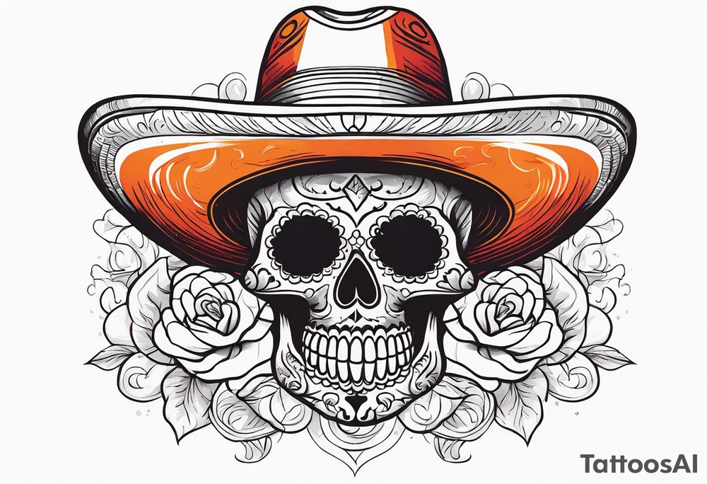 Mexican skull with sombrero with smoke coming out of the bottom orange and red tattoo idea