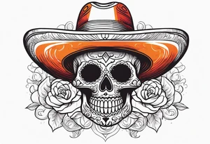 Mexican skull with sombrero with smoke coming out of the bottom orange and red tattoo idea