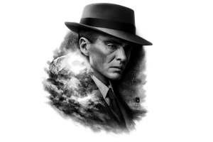 Create a high-end black-and-grey realism tattoo design featuring Cillian Murphy as J. Robert Oppenheimer from Christopher Nolan’s 2023 film Oppenheimer. His face must clearly resemble Cillian Murphy: sharp cheekbones, hollow cheeks, piercing light eyes, narrow face, intense haunted expression, wearing the dark 1940s suit and iconic wide-brimmed pork-pie hat from the film. Do NOT depict the historical J. Robert Oppenheimer or a generic 1940s scientist.

Show Cillian Murphy in dramatic three-quarter profile, looking slightly downward, with one side of his face illuminated by the Trinity nuclear explosion and the other disappearing into deep black shadow.

Behind and partially around him, show the Trinity test exploding over the New Mexico desert: an enormous white-hot fireball, rolling smoke, dust, and atmospheric shockwaves. The explosion should merge organically into his coat and silhouette instead of appearing as a separate mushroom cloud underneath him.

Incorporate subtle Manhattan Project imagery into the shadows: faint handwritten nuclear physics calculations, plutonium-core geometry, chain-reaction diagrams, Los Alamos technical sketches, and the distant silhouette of the Trinity test tower. These details should be secondary and partially hidden.

Make the entire piece dark, cinematic, ominous, sophisticated, and psychologically intense, inspired by the visual atmosphere of the 2023 Oppenheimer film. The tattoo should convey a brilliant man staring into the consequences of what he helped create.

Style: ultra-realistic black-and-grey tattoo, extremely accurate Cillian Murphy facial likeness, cinematic lighting, deep blacks, smooth greywash, fine-line details, realistic skin texture, strong contrast, controlled negative space, organic smoke transitions, no hard rectangular border, designed for an outer forearm or upper arm, vertical composition.

NO: historical Oppenheimer facial likeness, generic scientist, giant atom symbol around his head, atom halo, Einstein, cartoon imagery, symmetrical tattoo-flash layout, portrait sitting directly above a mushroom cloud, cheesy science icons, gears, clocks, skulls, roses, random text, gibberish equations, steampunk imagery, exaggerated fedora, smiling expression, superhero pose.



Keep this exact overall composition and cinematic black-and-grey realism. Remove the atomic orbit symbol entirely. Make the nuclear explosion more chaotic, realistic, and atmospheric, inspired by the Trinity test rather than a clean mushroom-cloud icon. Increase the portrait size slightly and blend the smoke naturally into the coat, jawline, and background. Keep the distant Trinity tower. Reduce the equations to extremely faint, authentic-looking handwritten physics notation partially hidden in the shadows. Make the portrait the dominant focal point and the explosion secondary. Preserve strong negative space and tattoo-friendly edges. tattoo idea