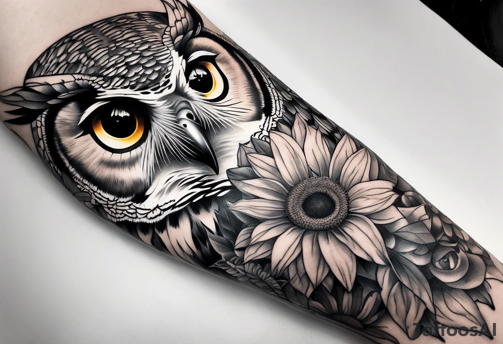 Arm sleeve with owl and sunflowers tattoo idea