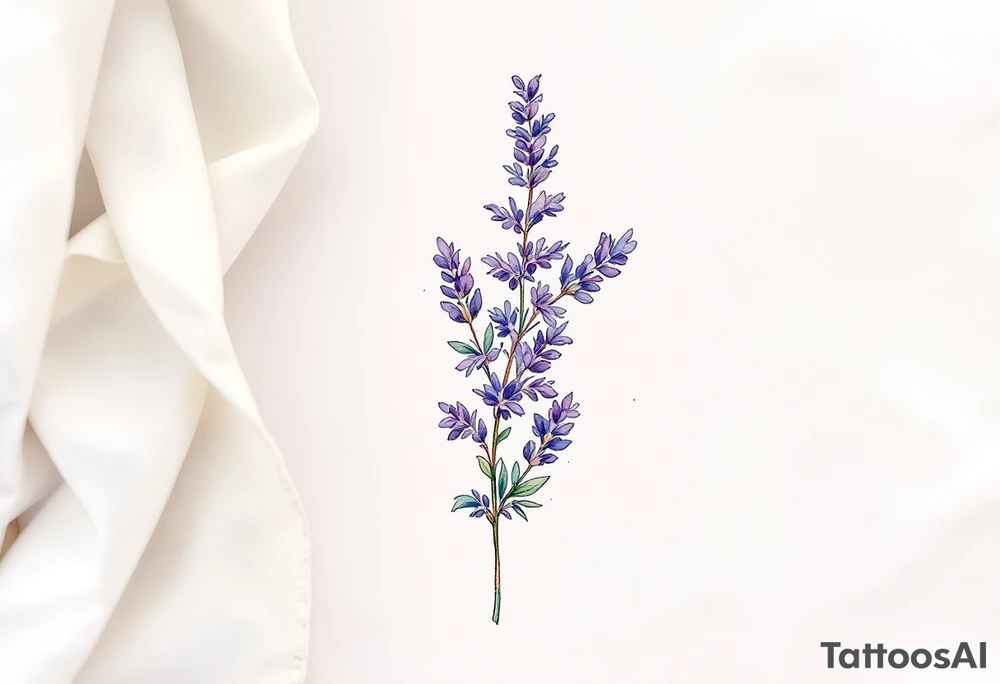 A single delicate lavender sprig in soft purple and green, with fine watercolor shading for a natural, airy look. tattoo idea