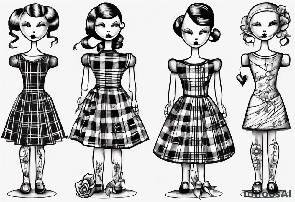 drawing of a dressmaker's dummy wearing a little girl's plaid dress tattoo idea