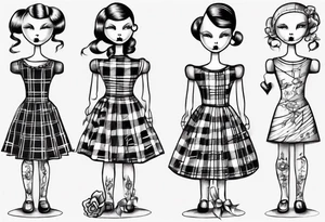 drawing of a dressmaker's dummy wearing a little girl's plaid dress tattoo idea