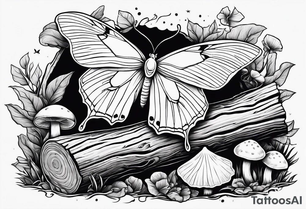 Fallen log with some mushrooms and Luna moth tattoo idea
