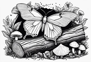 Fallen log with some mushrooms and Luna moth tattoo idea