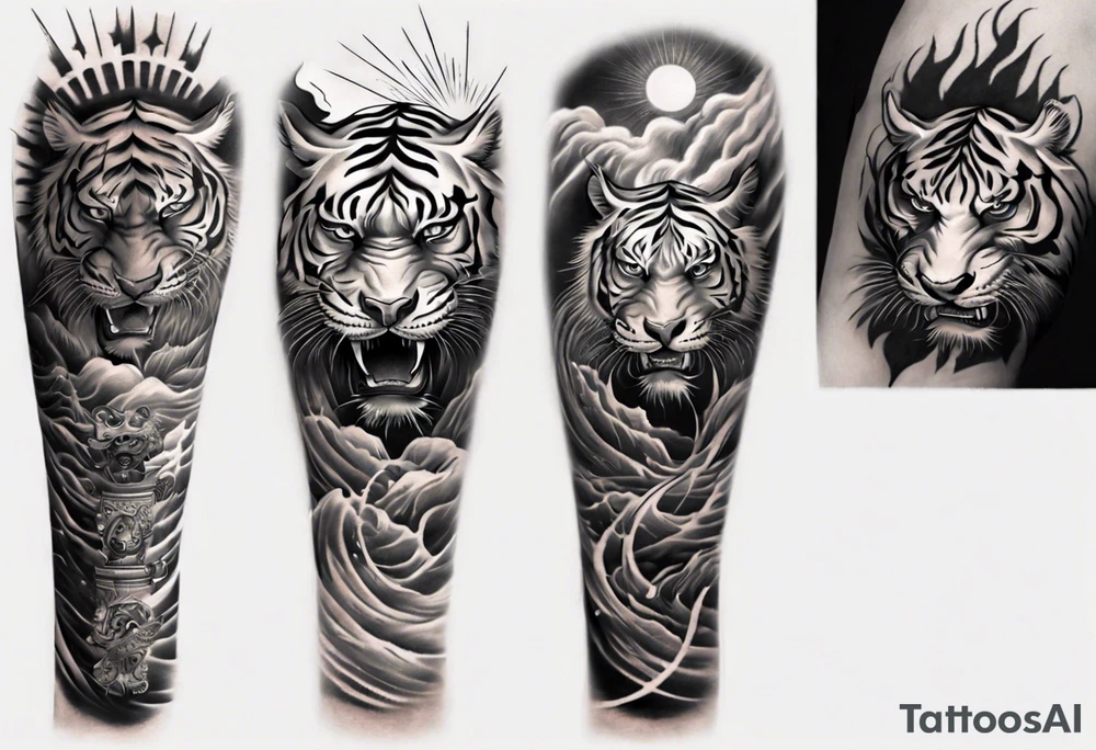 Tiger Warrior sleeve tattoo with lightning and the sun
Forearm sleeve tattoo idea