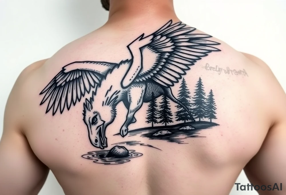 Eagle with a horse drinking from a river with some trees tattoo idea