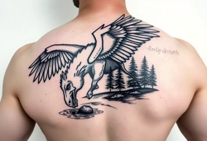 Eagle with a horse drinking from a river with some trees tattoo idea