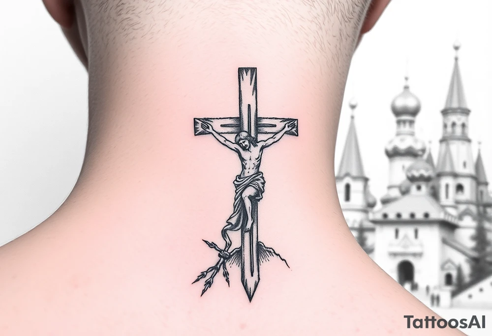 Traditional orthodox ICXC Christian cross with Jesus Christ on the cross also with the slanted part of the cross where christs feet were nailed in a Russian wilderness Kremlin setting tattoo idea