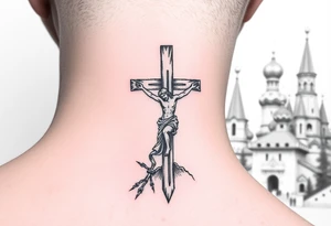 Traditional orthodox ICXC Christian cross with Jesus Christ on the cross also with the slanted part of the cross where christs feet were nailed in a Russian wilderness Kremlin setting tattoo idea