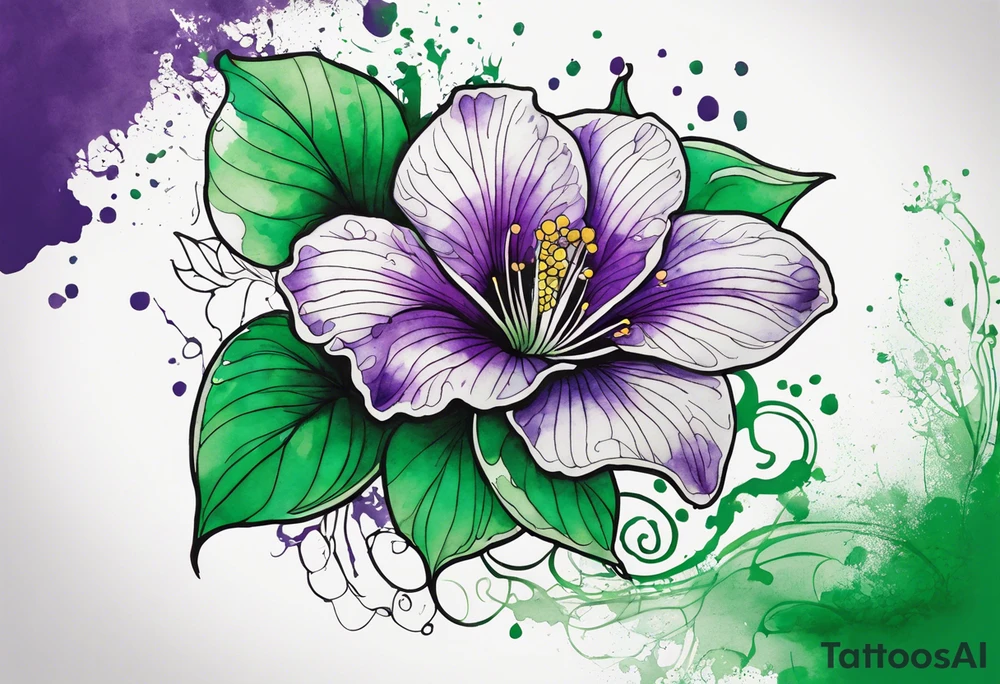 An outline of an only green rio dipladenia flower and a green and purple watercolor splash in the background tattoo idea