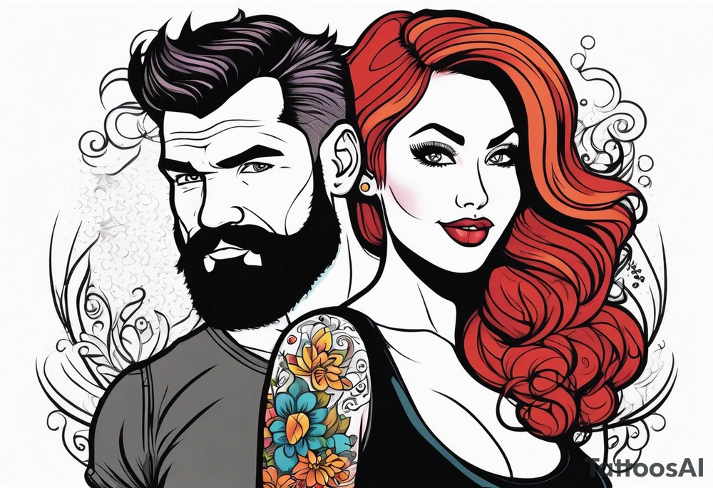 Busty Red haired woman with black haired bearded man tattoo idea